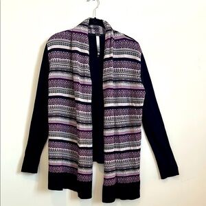 Kensie Fair Isle Shawl Collar Open Front Cardigan Sweater; black/purple, Medium